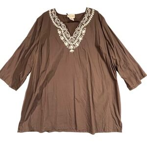 Toffee‎ Apple Womens Tunic Top Brown Embroidered V Neck Cotton XXL Plus Size